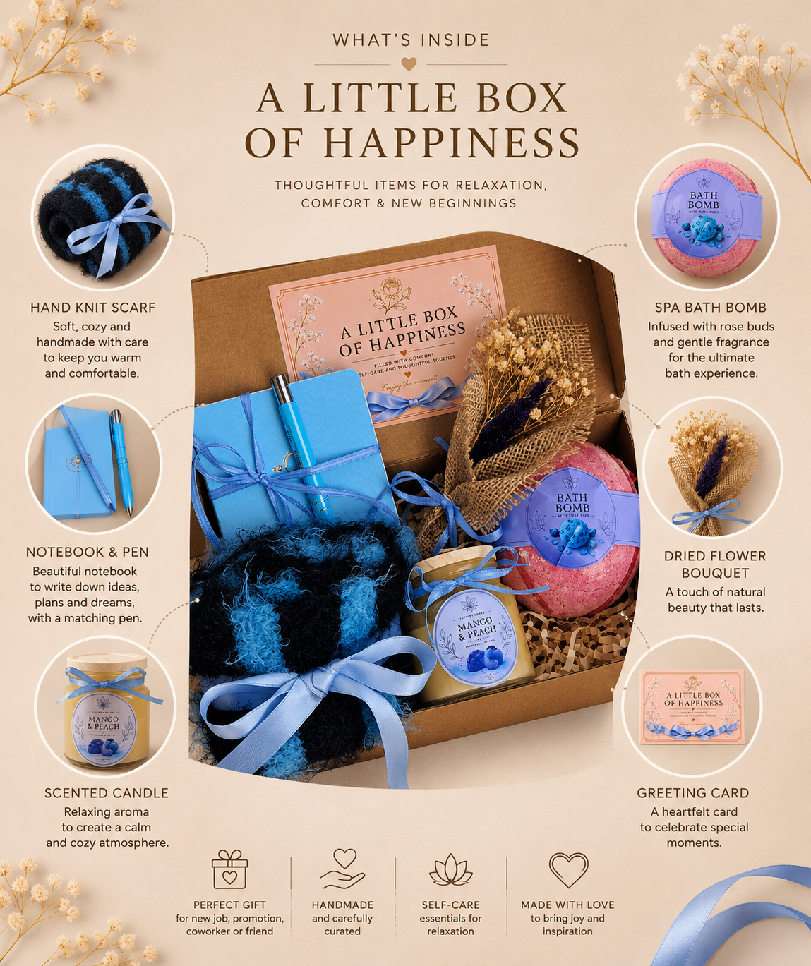 Cozy Self Care Gift Box for Her | Hand Knit Scarf, Scented Candle, Bath Bomb & Journal Gift Set