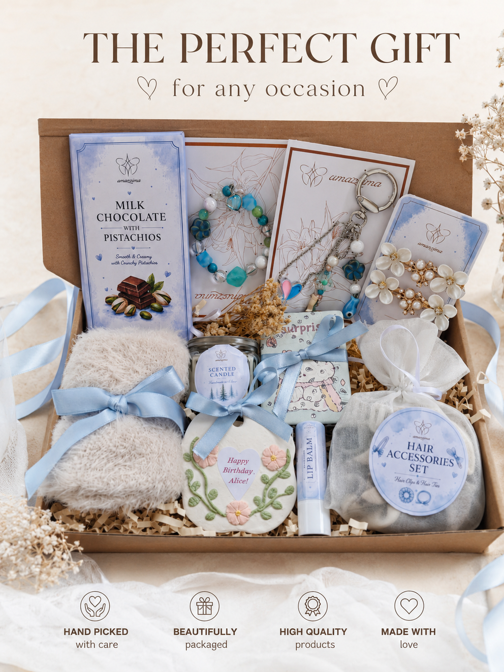 Luxury Gift Box for Her | Blue Self Care Set | Jewelry & Hair Accessories | Chocolate & Candle Gift