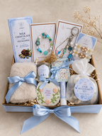 Luxury Gift Box for Her | Blue Self Care Set | Jewelry & Hair Accessories | Chocolate & Candle Gift