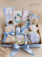 Luxury Gift Box for Her | Blue Self Care Set | Jewelry & Hair Accessories | Chocolate & Candle Gift