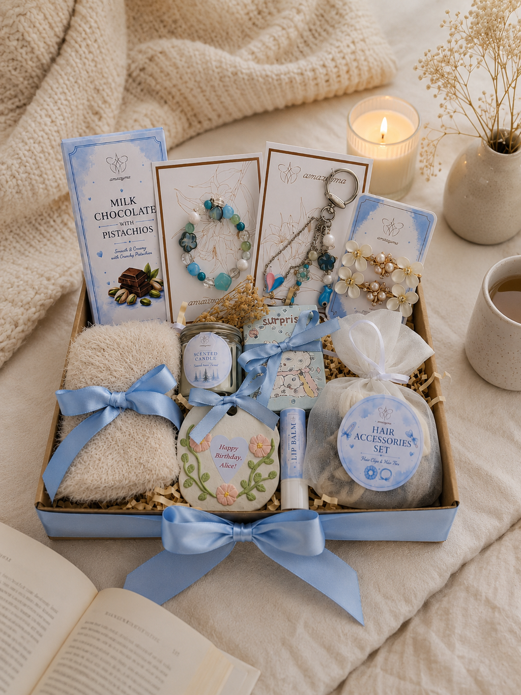 Luxury Gift Box for Her | Blue Self Care Set | Jewelry & Hair Accessories | Chocolate & Candle Gift