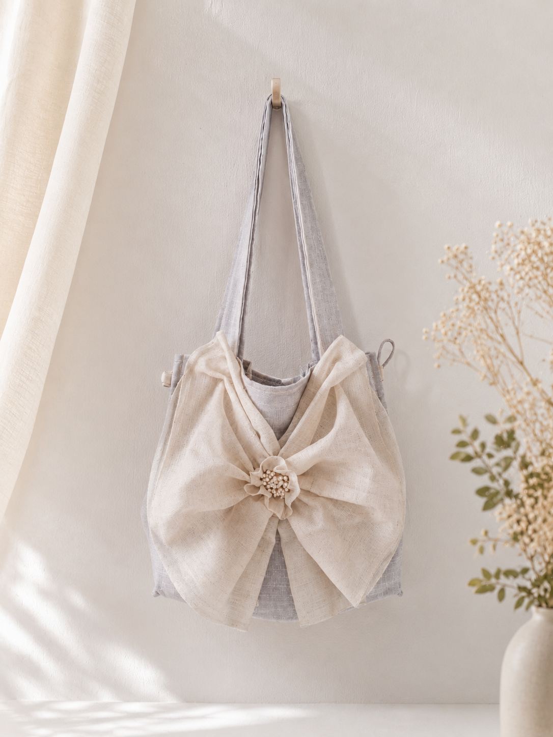 Handmade Bow Tote Bag | Romantic Fabric Shoulder Bag | Cottagecore Women’s Bag