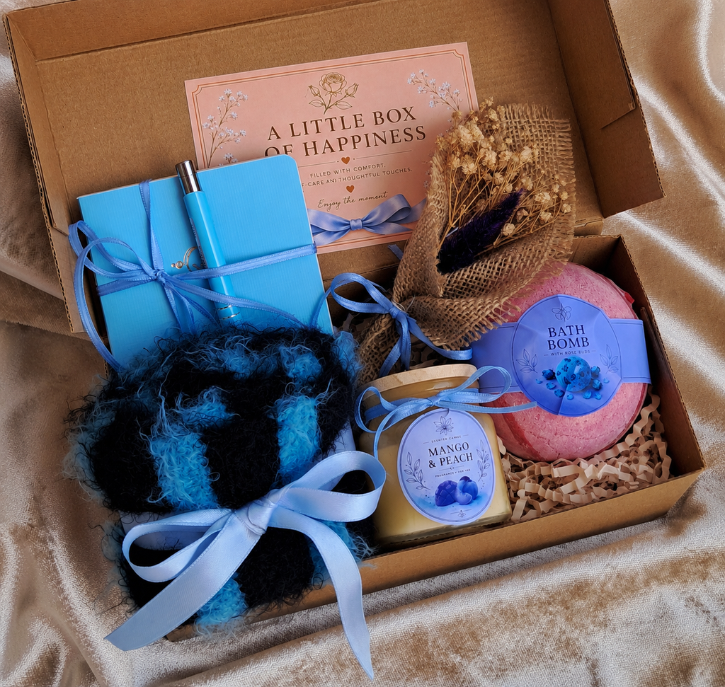 Cozy Self Care Gift Box for Her | Hand Knit Scarf, Scented Candle, Bath Bomb & Journal Gift Set