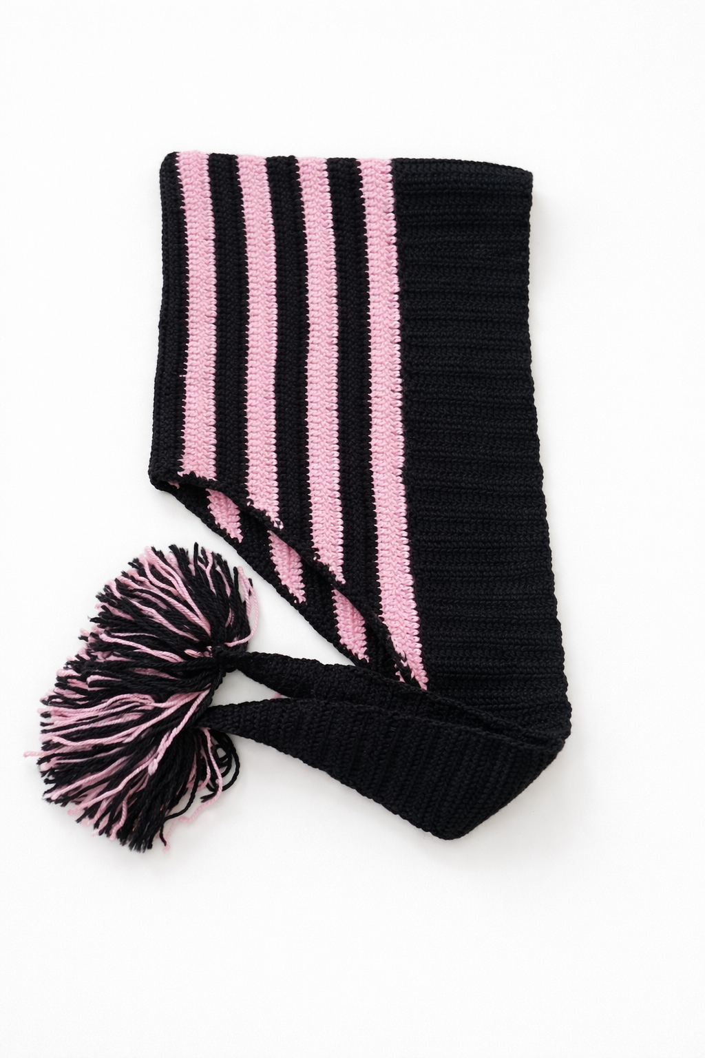 Sophie Hand Knit Striped Scarf | Black & Pink Crochet Scarf with Tassels