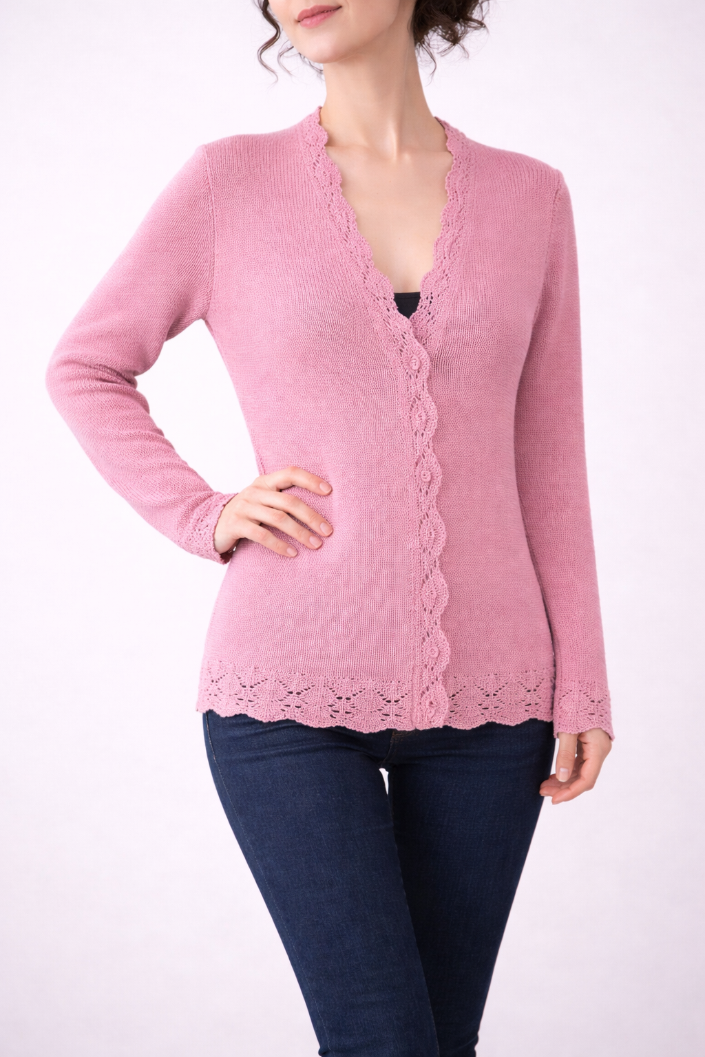 Hand Knit Dusty Rose Cardigan | Lace Trim Button Up Sweater | Romantic Knit Cardigan for Women