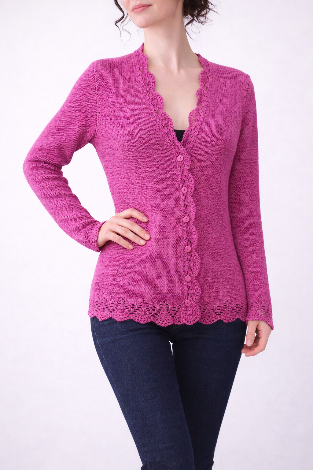 Hand Knit Dusty Rose Cardigan | Lace Trim Button Up Sweater | Romantic Knit Cardigan for Women