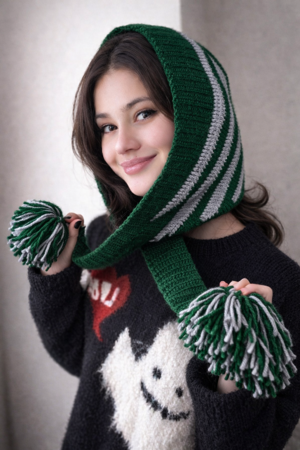 Sophie Hand Knit Striped Scarf | Black & Pink Crochet Scarf with Tassels