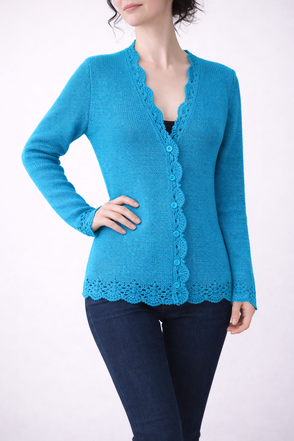 Hand Knit Dusty Rose Cardigan | Lace Trim Button Up Sweater | Romantic Knit Cardigan for Women
