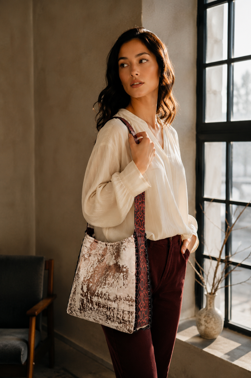 Handmade Velvet Shoulder Bag | Burgundy Boho Tote | Unique Fabric Crossbody Bag