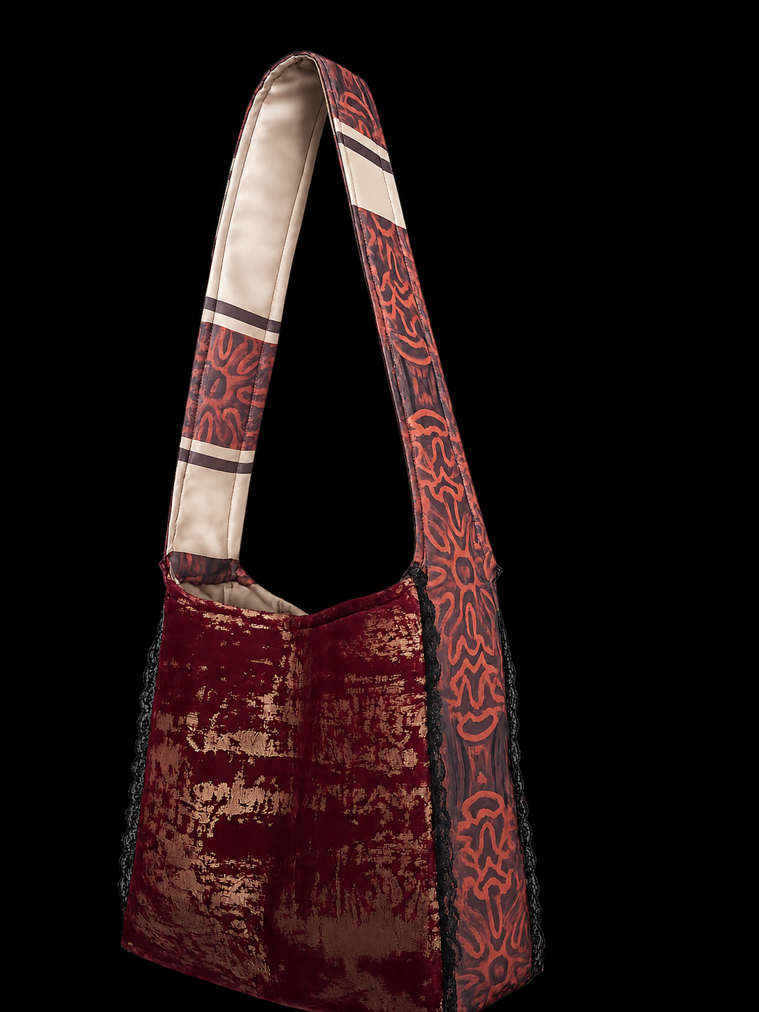 Handmade Velvet Shoulder Bag | Burgundy Boho Tote | Unique Fabric Crossbody Bag
