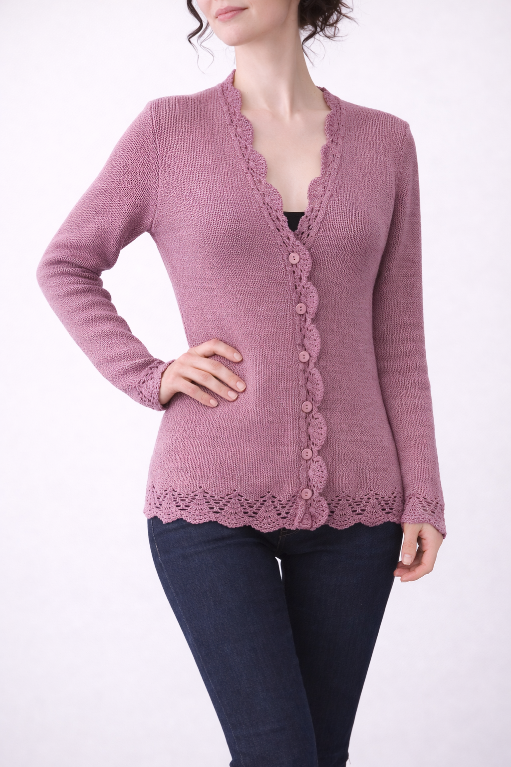 Hand Knit Dusty Rose Cardigan | Lace Trim Button Up Sweater | Romantic Knit Cardigan for Women