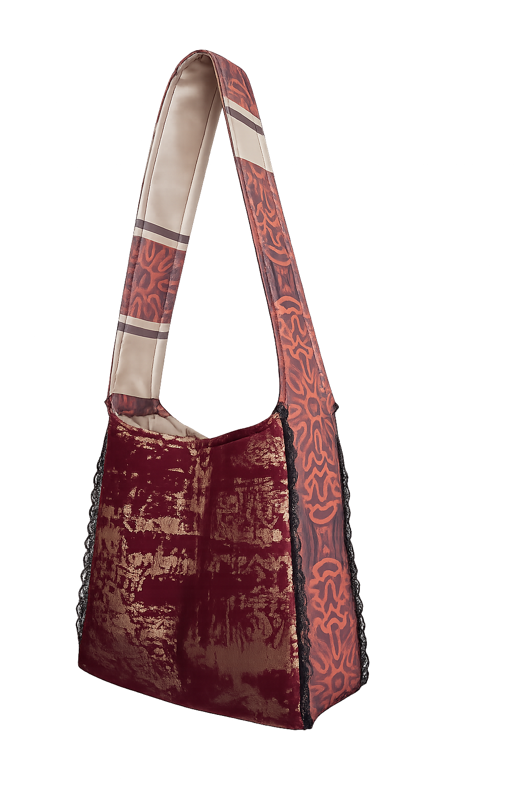 Handmade Velvet Shoulder Bag | Burgundy Boho Tote | Unique Fabric Crossbody Bag