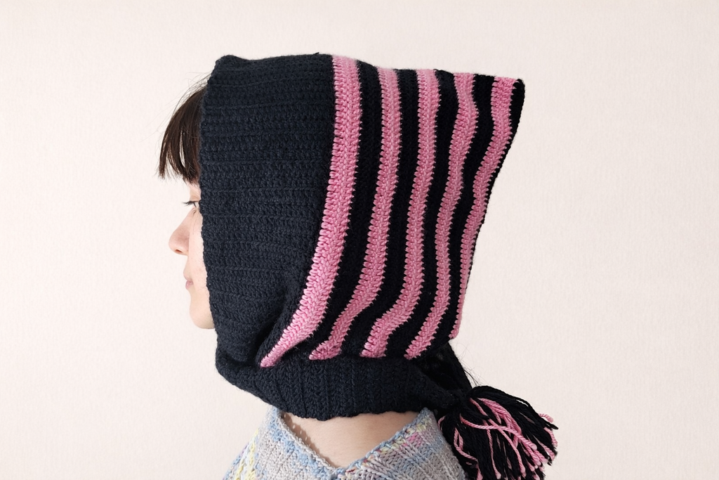 Sophie Hand Knit Striped Scarf | Black & Pink Crochet Scarf with Tassels