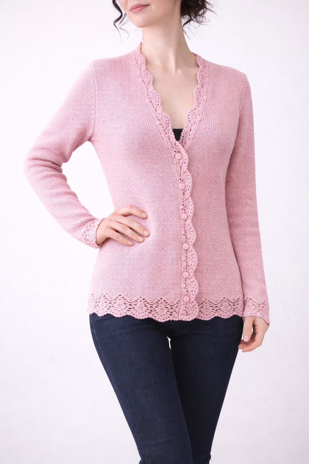 Hand Knit Dusty Rose Cardigan | Lace Trim Button Up Sweater | Romantic Knit Cardigan for Women