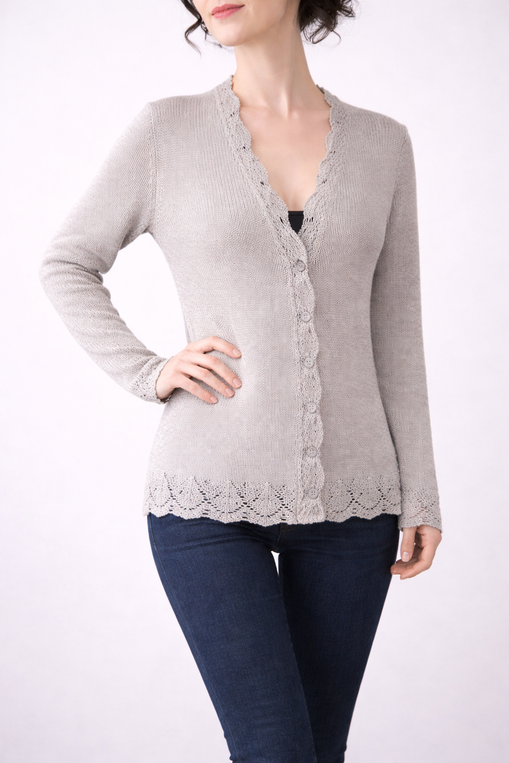 Hand Knit Dusty Rose Cardigan | Lace Trim Button Up Sweater | Romantic Knit Cardigan for Women