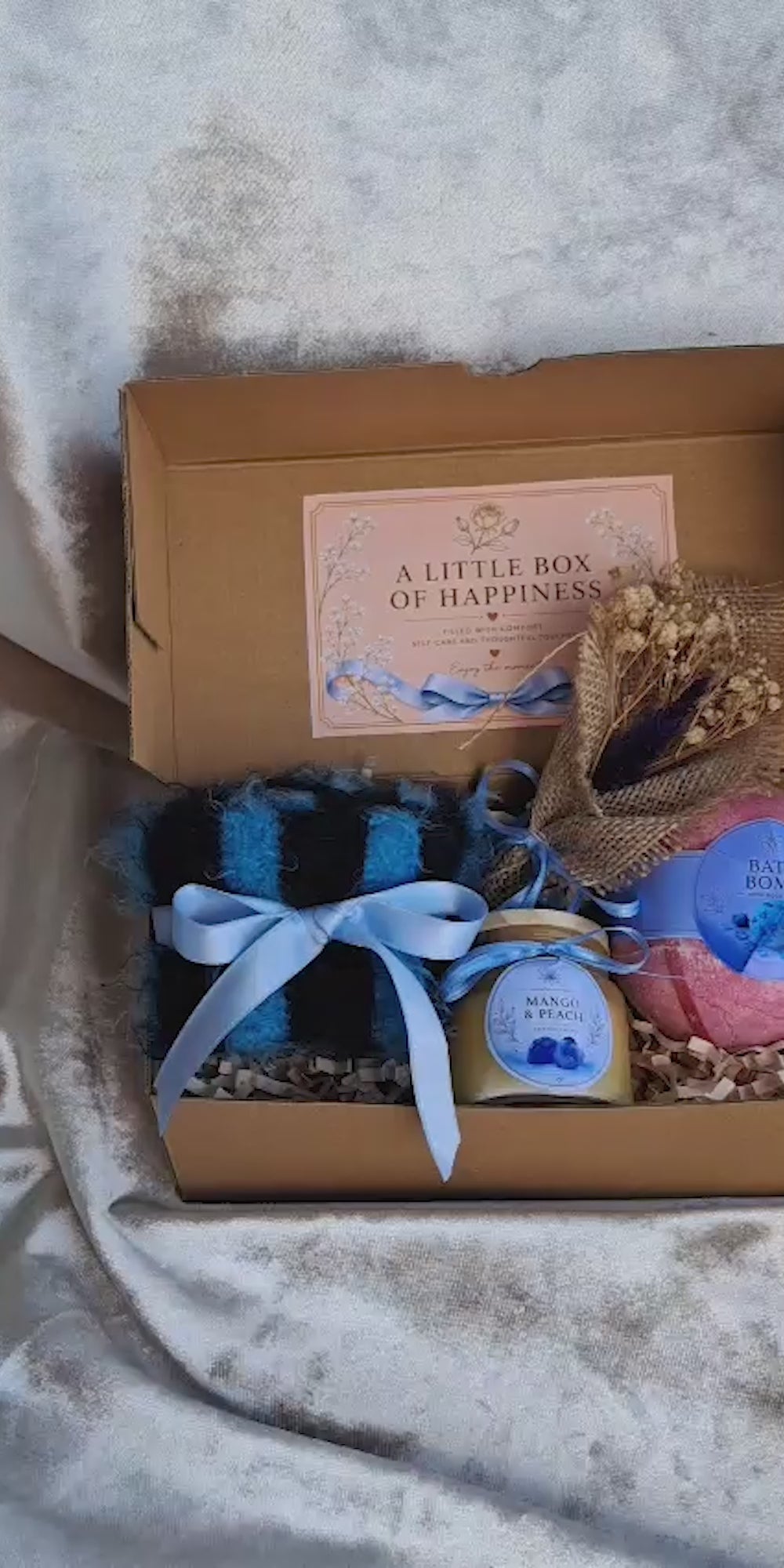 Cozy Self Care Gift Box for Her | Hand Knit Scarf, Scented Candle, Bath Bomb & Journal Gift Set